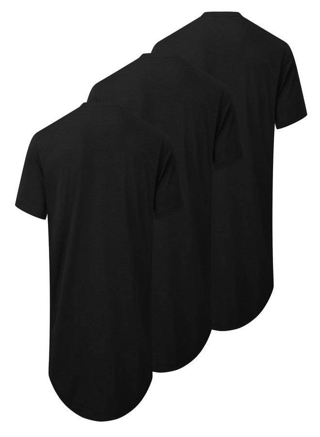 TEZO Mens 3 Pack Plain Cotton Shirts Short Sleeve Casual Crew Neck T-Shirts Hipster Hip Hop Longline Tees Shirts Drop Cut Curved Hem Shirt (BKBKBK M) Black/Black/Black - Image 2